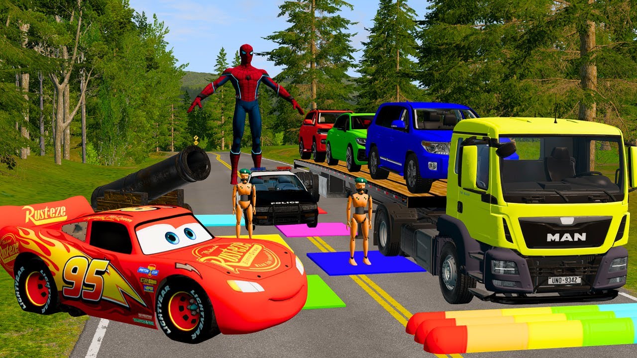 Triple Flatbed Trailer McQueen Transportation with Truck - Speedbumps vs Cars vs Train - BeamNG #11