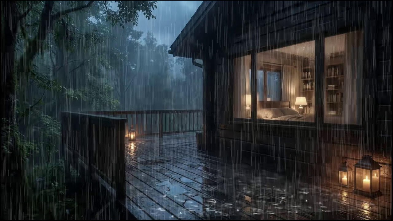 Soft rain by a cozy forest cabin, midnight rain soundscape guiding sleep ease and insomnia comfort