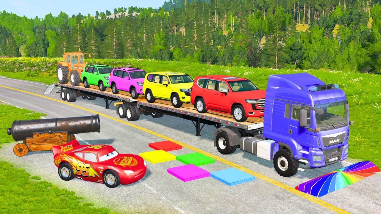 Flatbed Truck McQueen | Transportation with Truck - Pothole vs Car #60 | BeamNG.Drive Gameplay