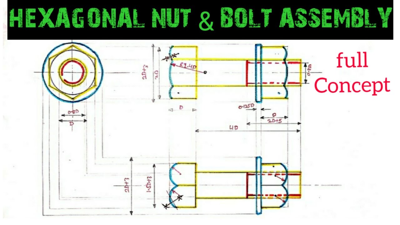 Hexagonal nut bolt assembly drawing in hindi (Engineering drawing). |Engineering and poetry|