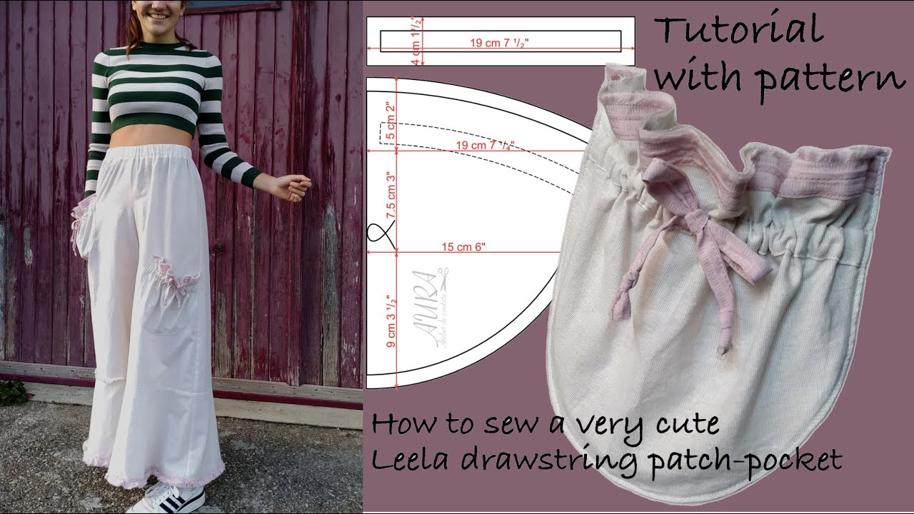 Tutorial + Free PDF sewing pattern How-to sew a cute Leela drawstring patch pocket by Aura Guignard.