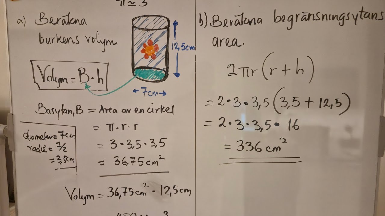 Cylinder. Mantelarea. Begränsningsytans area. Volym
