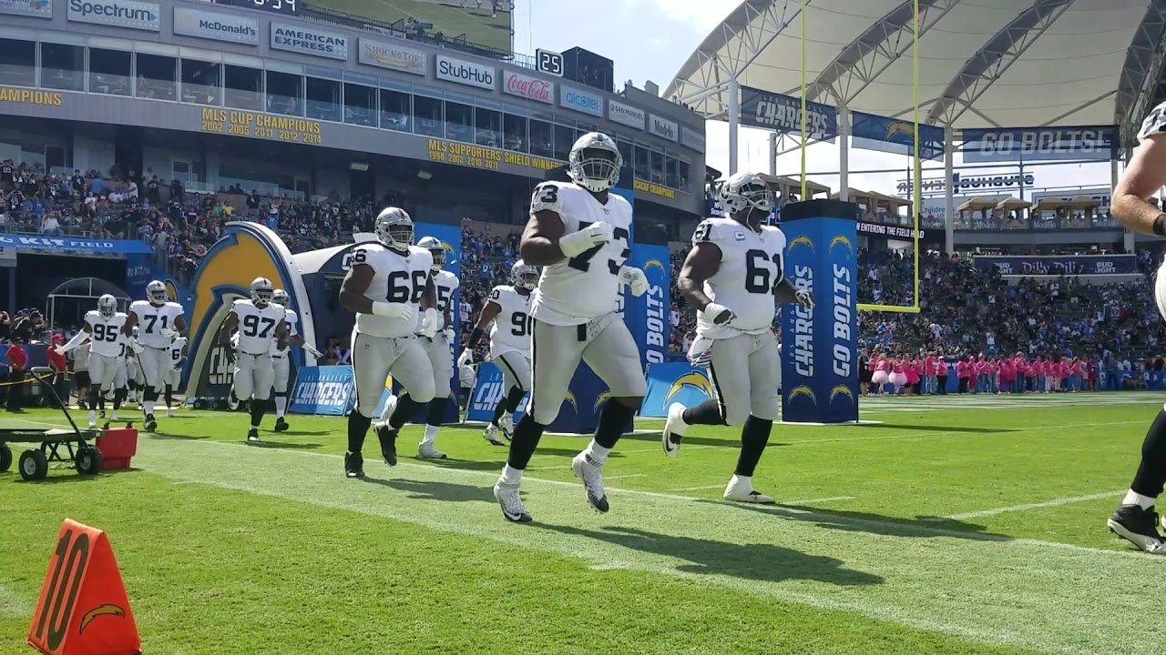 Oakland Raiders enter Carson, California StubHub center to Viva Las Vegas and cheers.