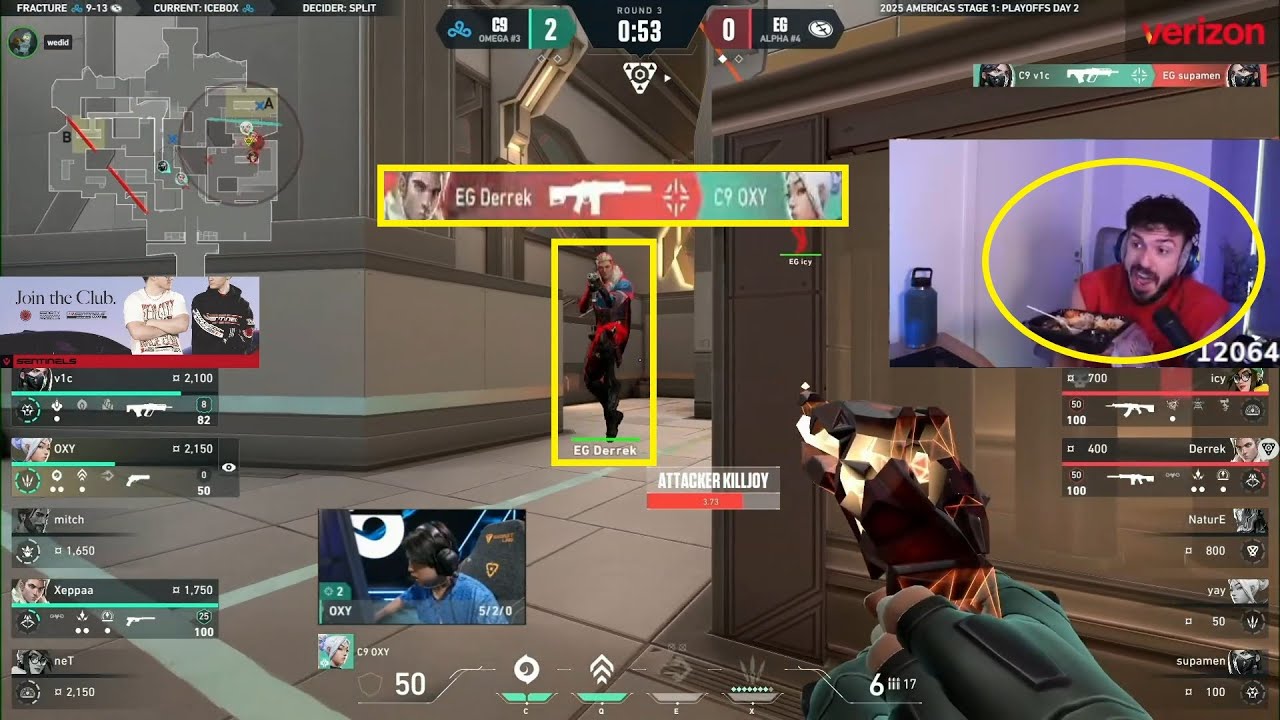 Sen Tarik's reaction to EG Derrke's jump kill on C9 Oxy with the Phantom in VCT