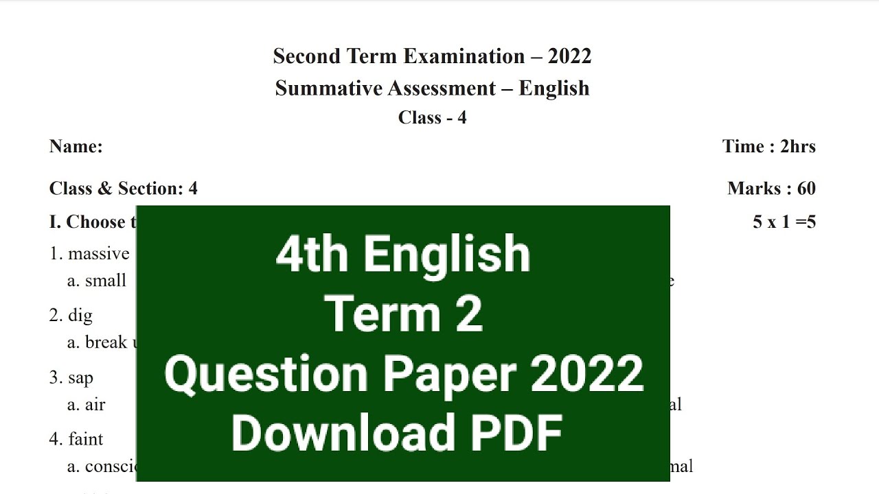 4th English Term 2 Question Paper 2022 Download PDF