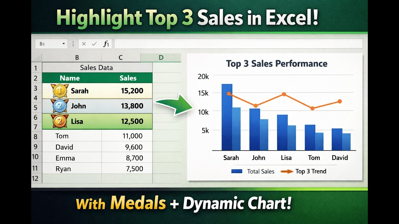 تمييز أعلى 3 نتائج في الاكسل مع مخطط ديناميكي Top 3 Sales in Excel with Medals + Dynamic Chart