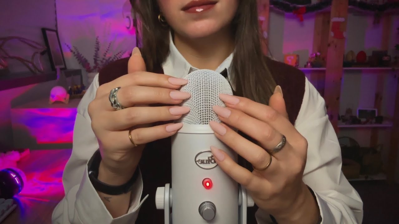 slow & gentle asmr mic scratching (mouth sounds and rain background)