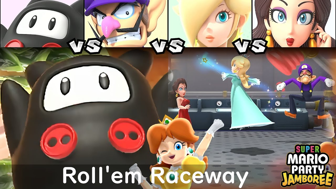 Super Mario Party Jamboree Ninji vs Waluigi vs Rosalina vs Pauline in Roll'em Raceway