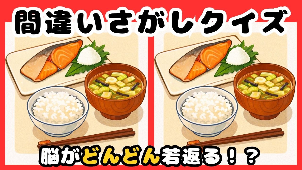 【脳トレ間違い探しクイズ】集中力、観察力、記憶力UP！数分の脳トレで脳機能UP！鮭定食のイラストから間違いを３つ探してください☆ 脳トレ、まちがいさがしで脳年齢の若返えりを☆