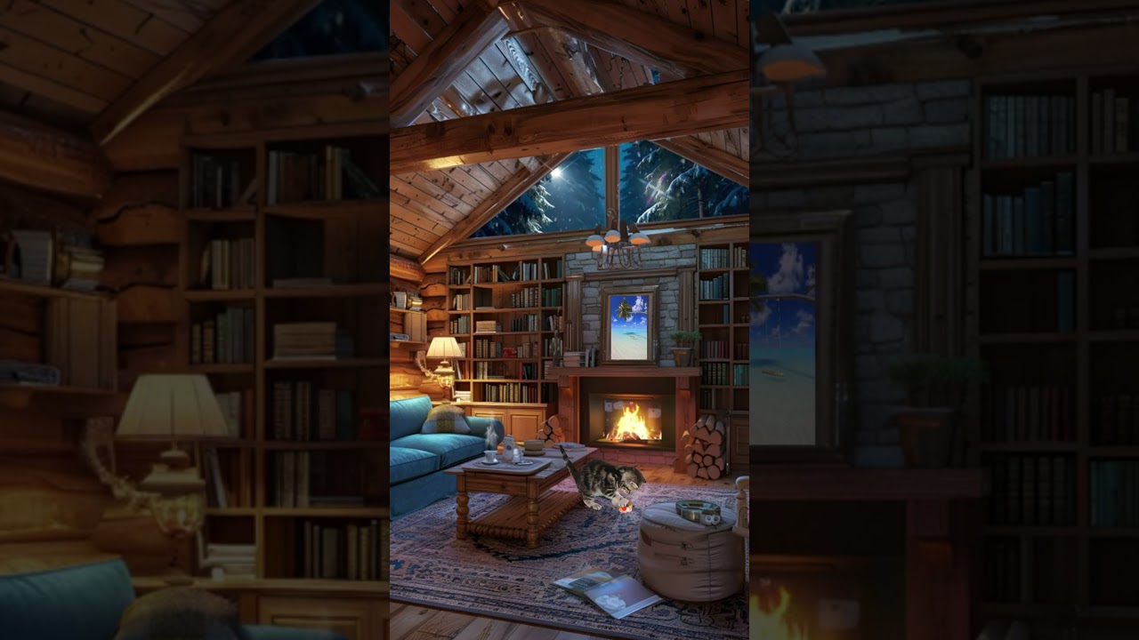 Will You Escape Here? Cozy Rustic Cabin, Fireplace, Playful Cat, Snowy Forest, Books, Winter Vibes