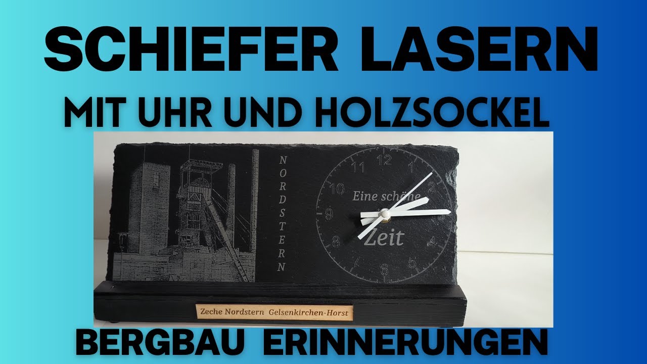 Schiefer gravieren "Bergbau Motiv mit Uhr auf einer Schieferplatte lasern"