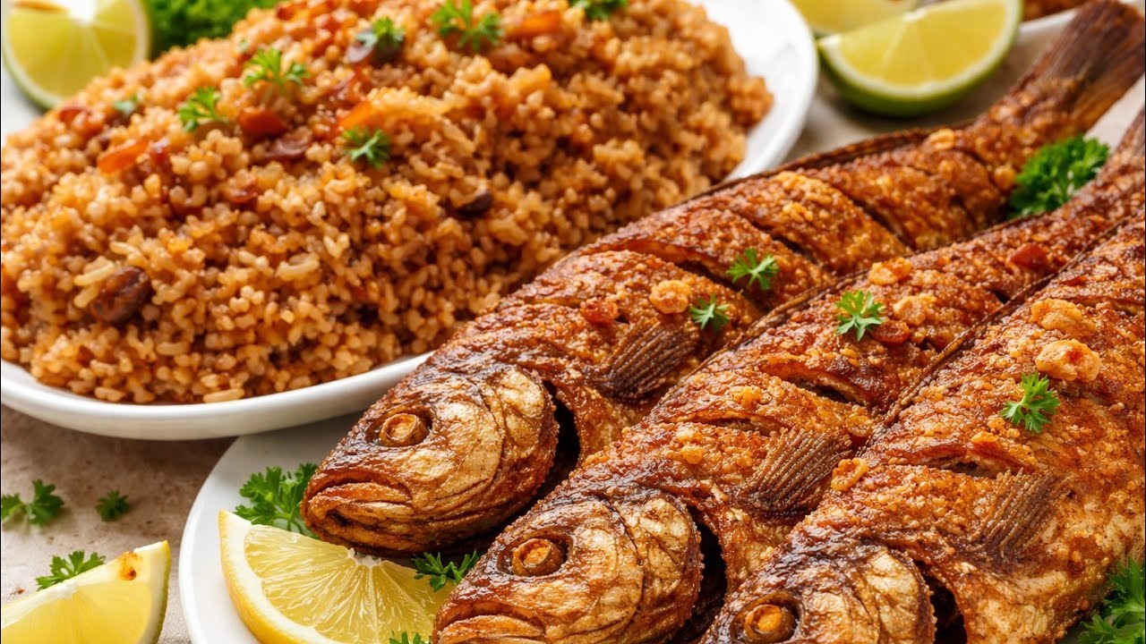سر تتبيل السمك المقلي المقرمش وطريقة عمل رز السمك البني.