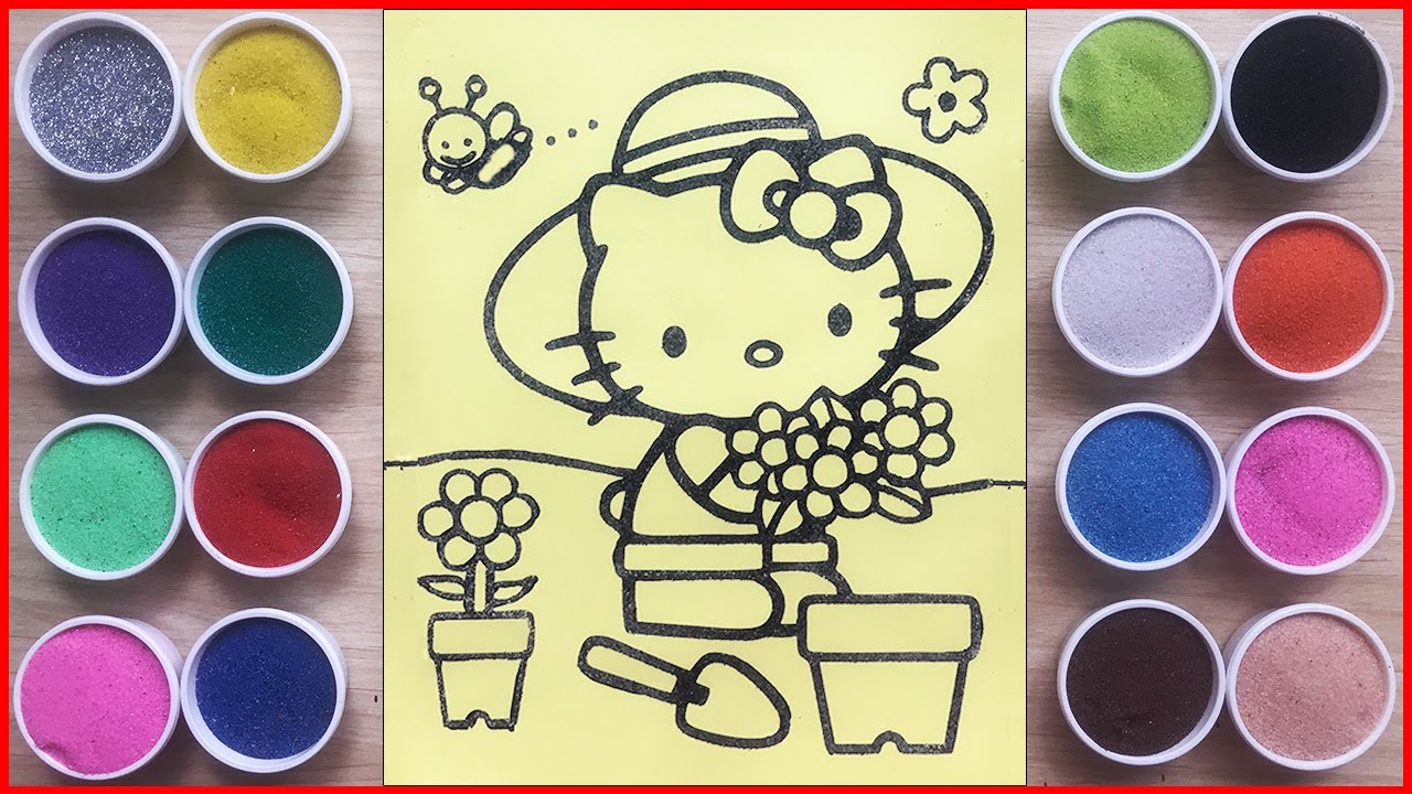 Tô màu tranh cát mèo Hello Kitty trồng hoa - Sand painting Kitty grows flowers (Chim Xinh channel)
