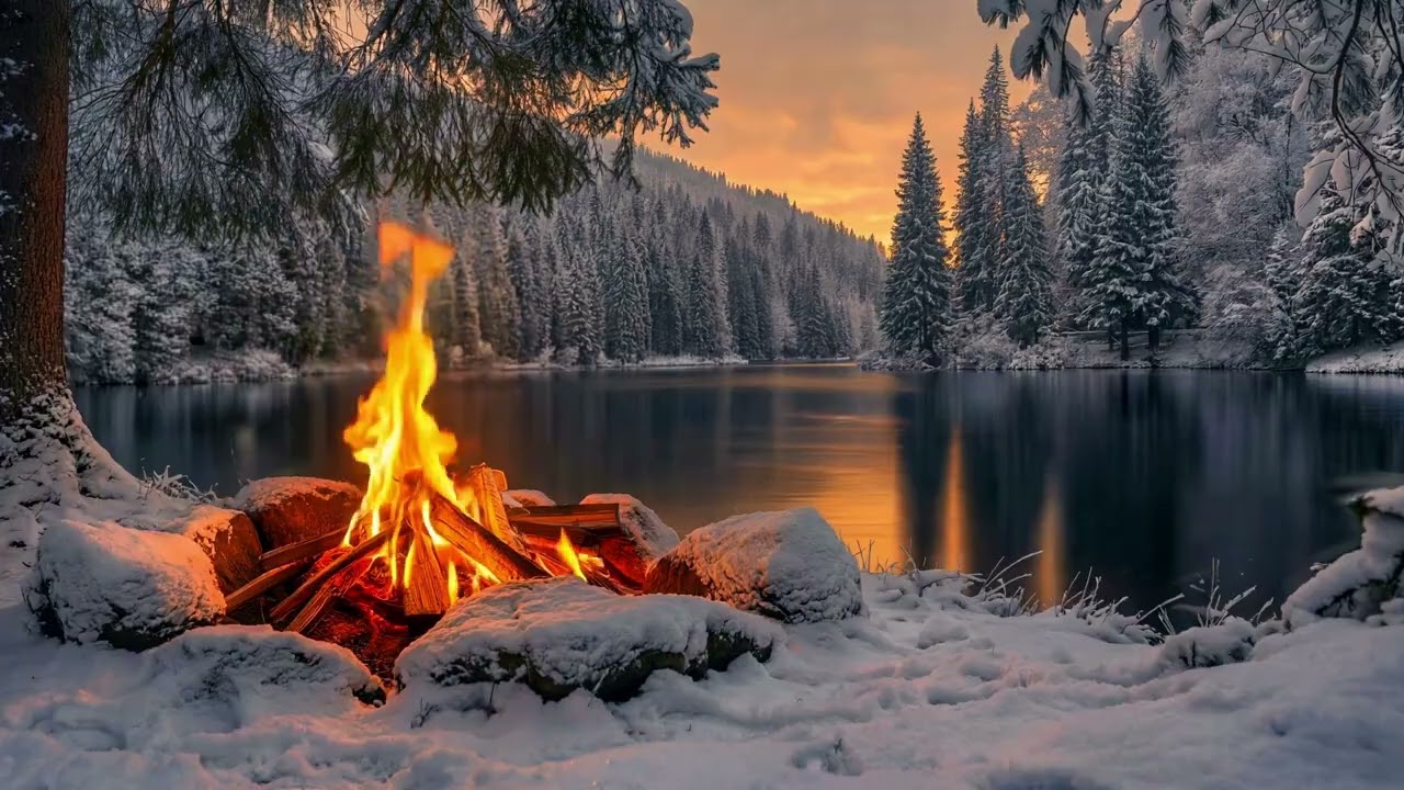 You’re Sitting by a Campfire 🔥 Winter River Sunset with Crackling Fire Sounds