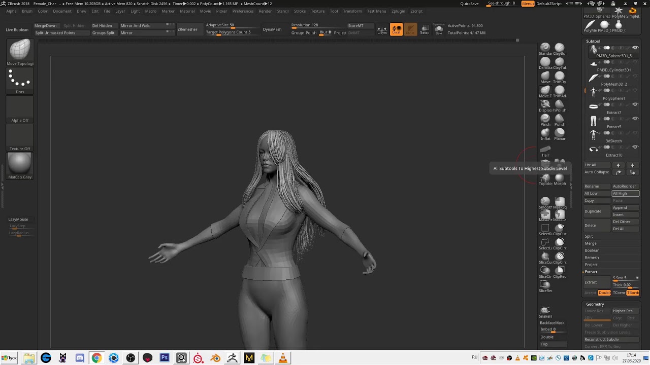 Создание женского персонажа. Стрим №3. Zbrush 2018.
