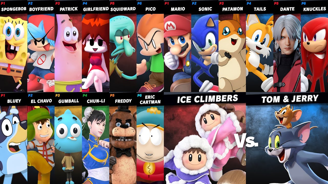 Sonic vs Mario vs SpongeBob vs Friday Night Funkin vs Knuckles vs Gumball | Super Smash Bros