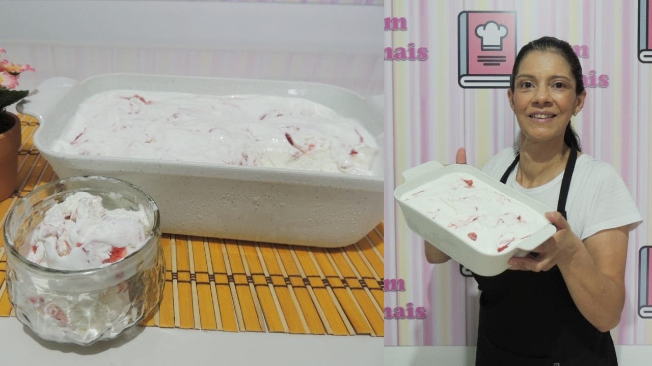 Sorvete caseiro cremoso de leite ninho com morango
