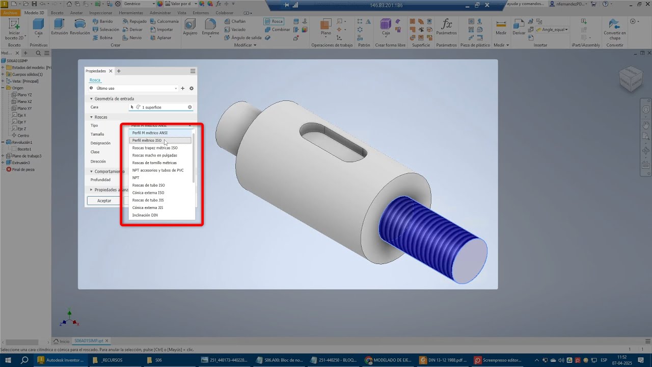 Inventor Professional 2024: Chaveteros DIN 6885-1 y Roscas DIN 13-12 para Ejes Simples (2025-1)
