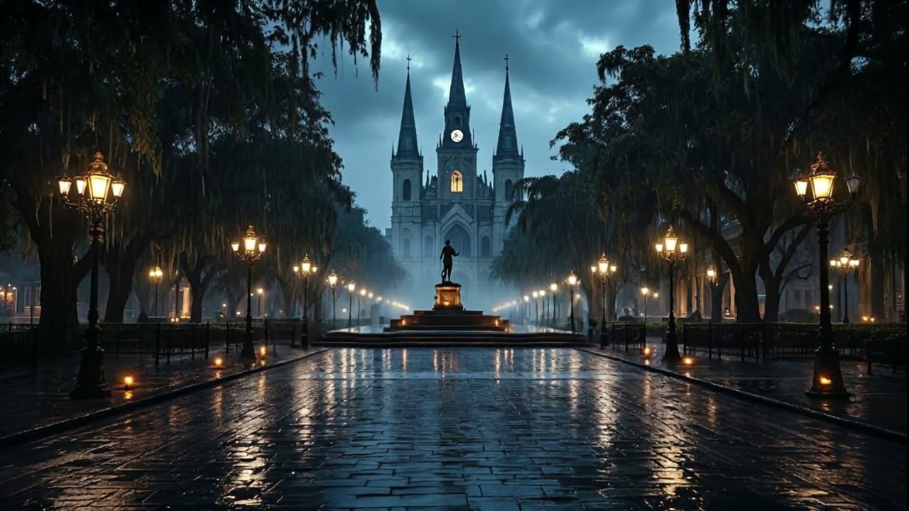 12 Hours of Rain in Jackson Square, New Orleans 🌧️ Thunderstorm Ambience for Sleep & Focus