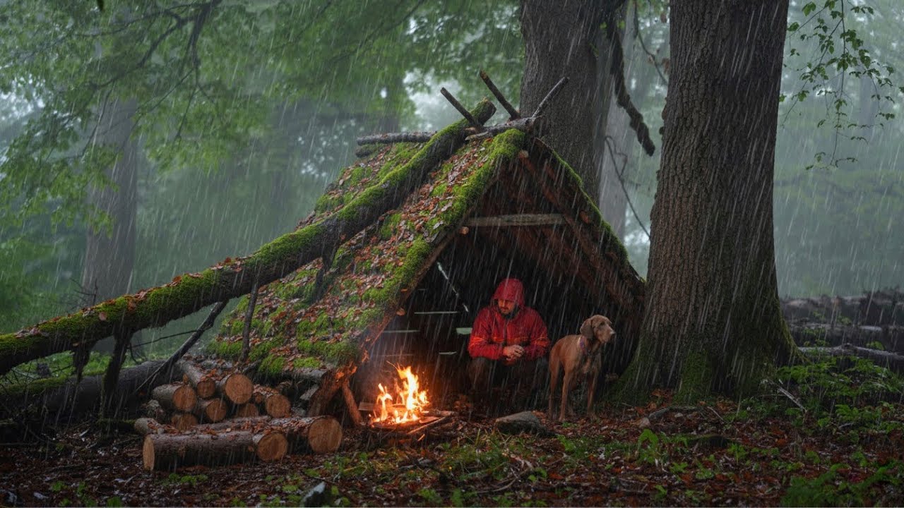 Hot Tent Camping in Heavy Rain All Day With My Dog – Making Jerky Under a Big Rock!