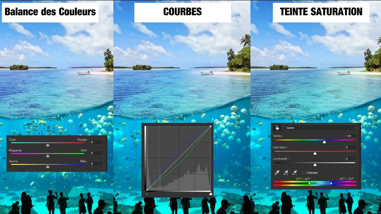 Photoshop Balance des couleurs ⚖️ VS Courbes 📈 VS Teinte saturation 🧮