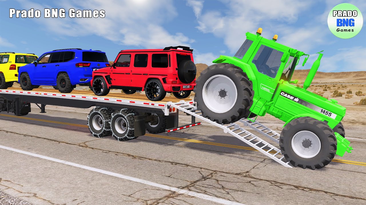 Toyota, Mercedes, Tractor, and Man Flatbed Truck vs Train &ndash; BeamNG.drive 208