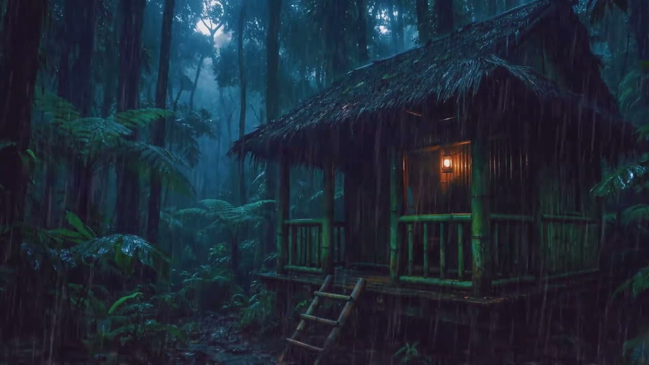 Bamboo hut in tropical Forest with Heavy Rain ASMR