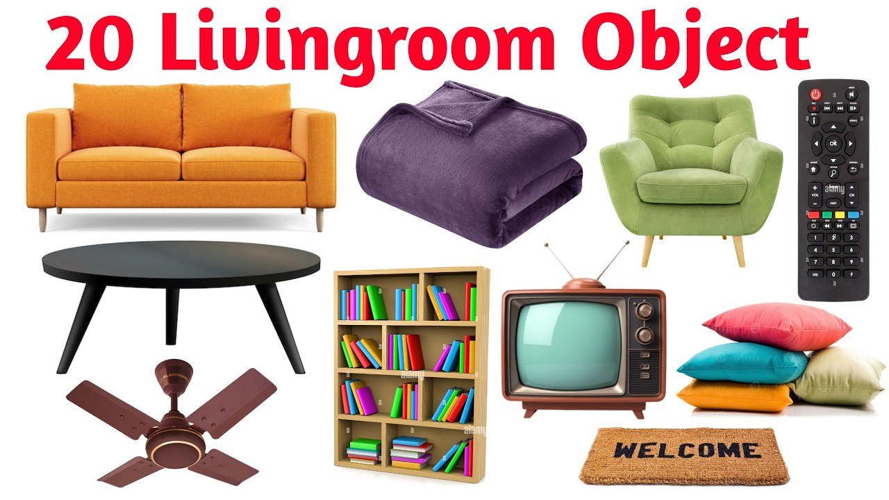 20 Living Room Objects बच्चों के लिए | Learn Living Room Names in English | Kids Educational Video