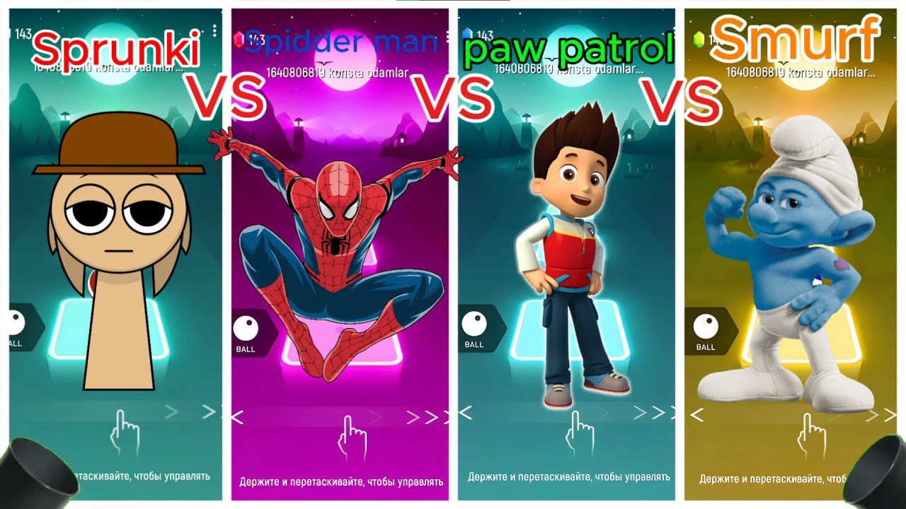 Sprunki vs Spider-Man vs Paw Patrol vs Smurf – Tiles Hop Challenge!