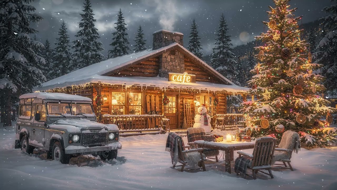 Cozy Winter Jazz Café in the Snow ☕❄️ | Fireplace Coffee Ambience, Soft Jazz & Christmas Lights