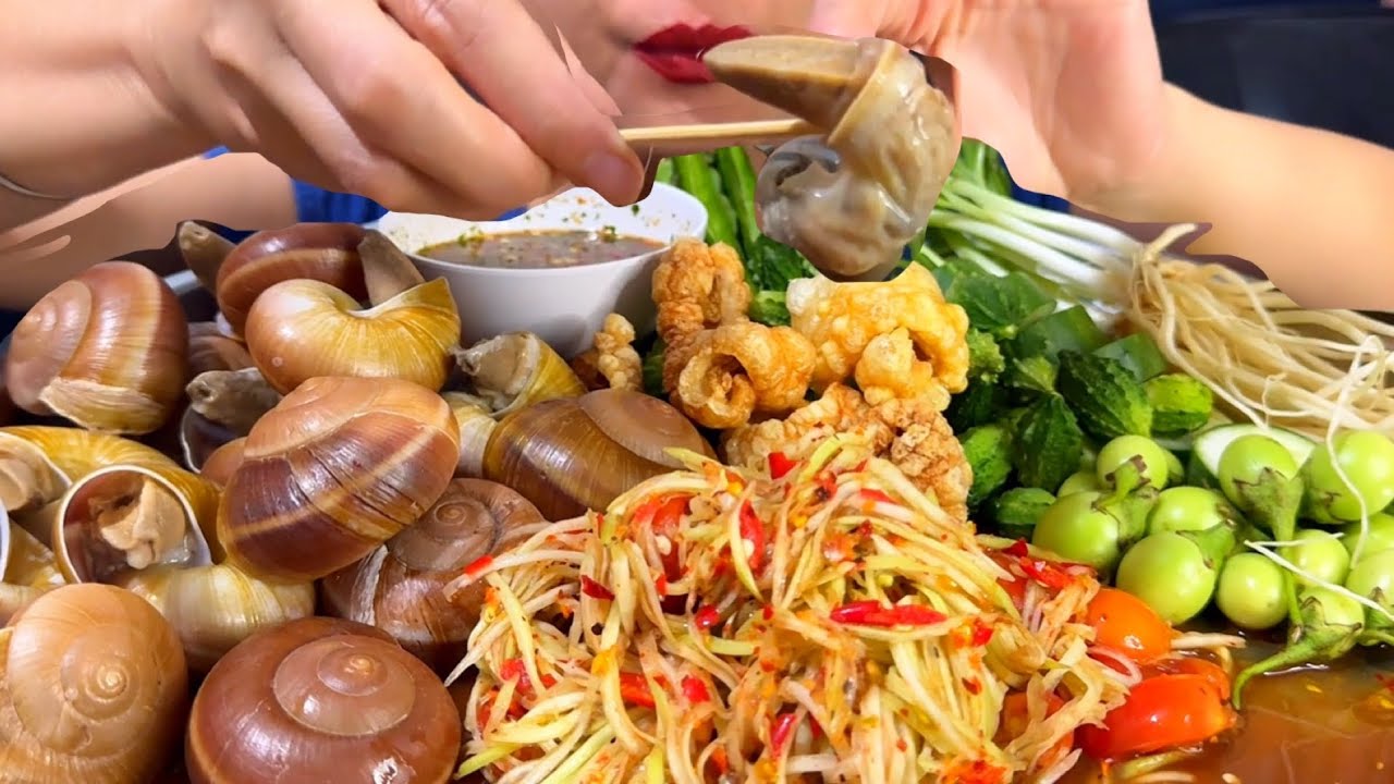 Thaifood ASMR ตำปลาร้าหอยเดื่อ Fermented Fish Salad with Duea Snails MUKBANG show
