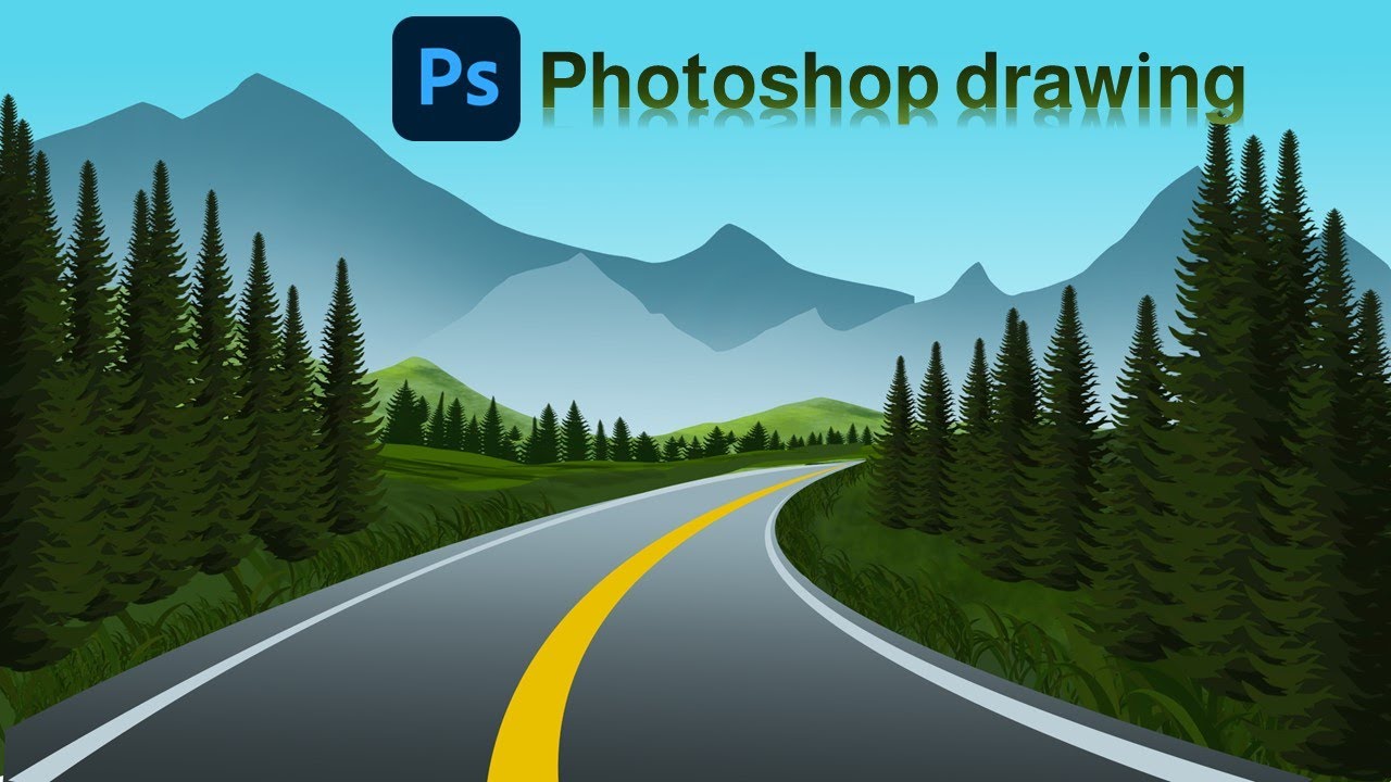 Photoshop drawing: Road In Forest Landscape with Mountain