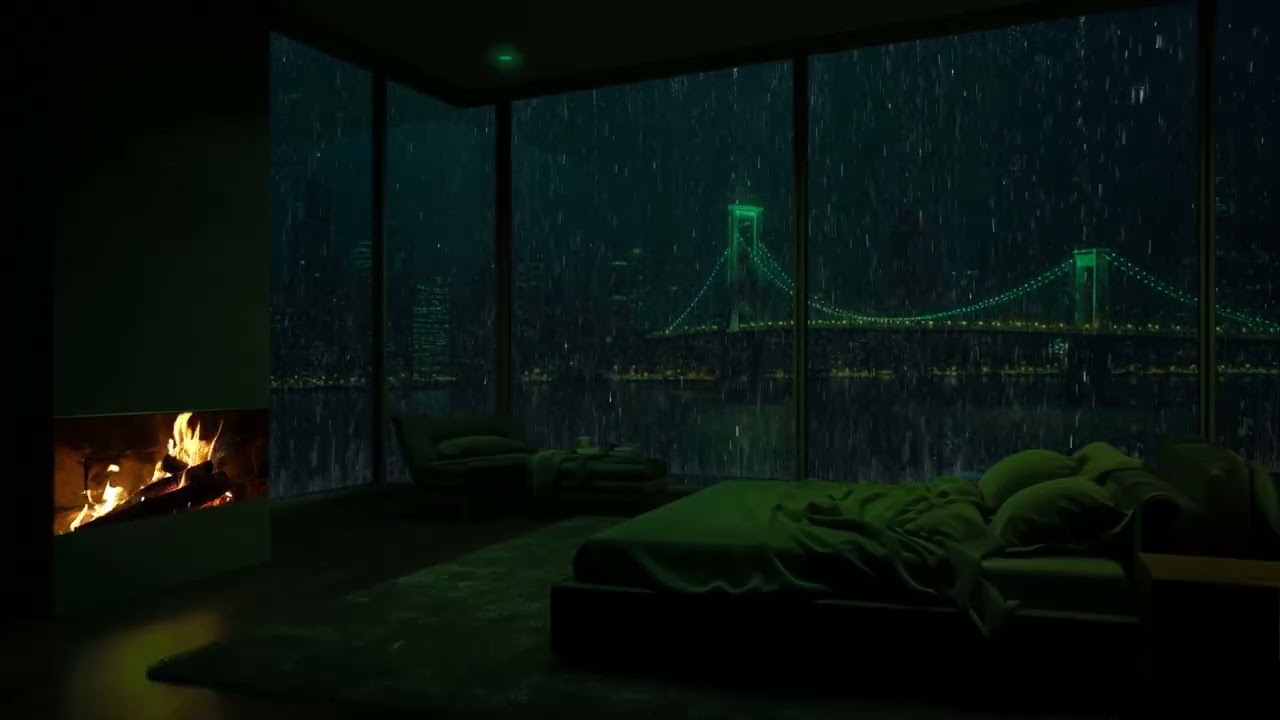 Stormy Evening in a Luxury NYC Penthouse (No Ads) 🌧️Fireplace Glow & City Skyline for Deep Sleep