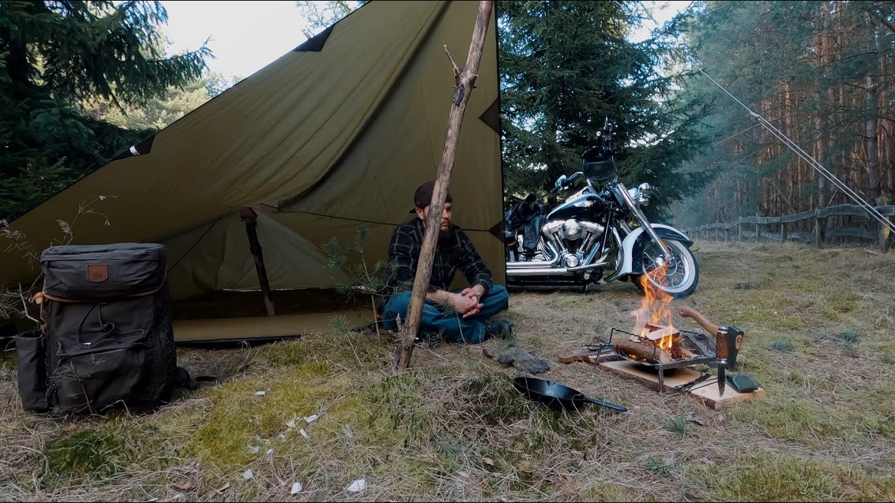 Spring bushcraft motorcycle camping trip, bunless burgers off the fire.