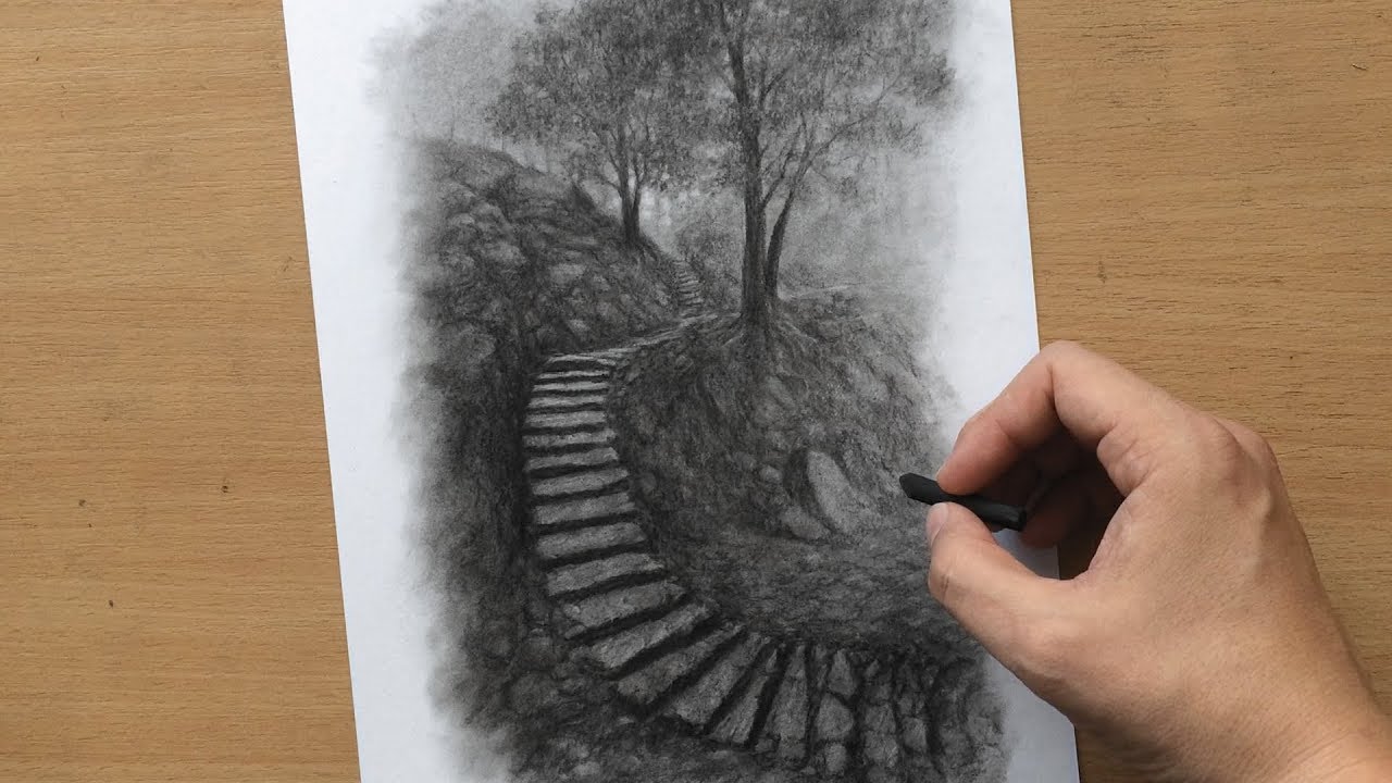 Charcoal Drawing - Old Stone Steps in the Forest