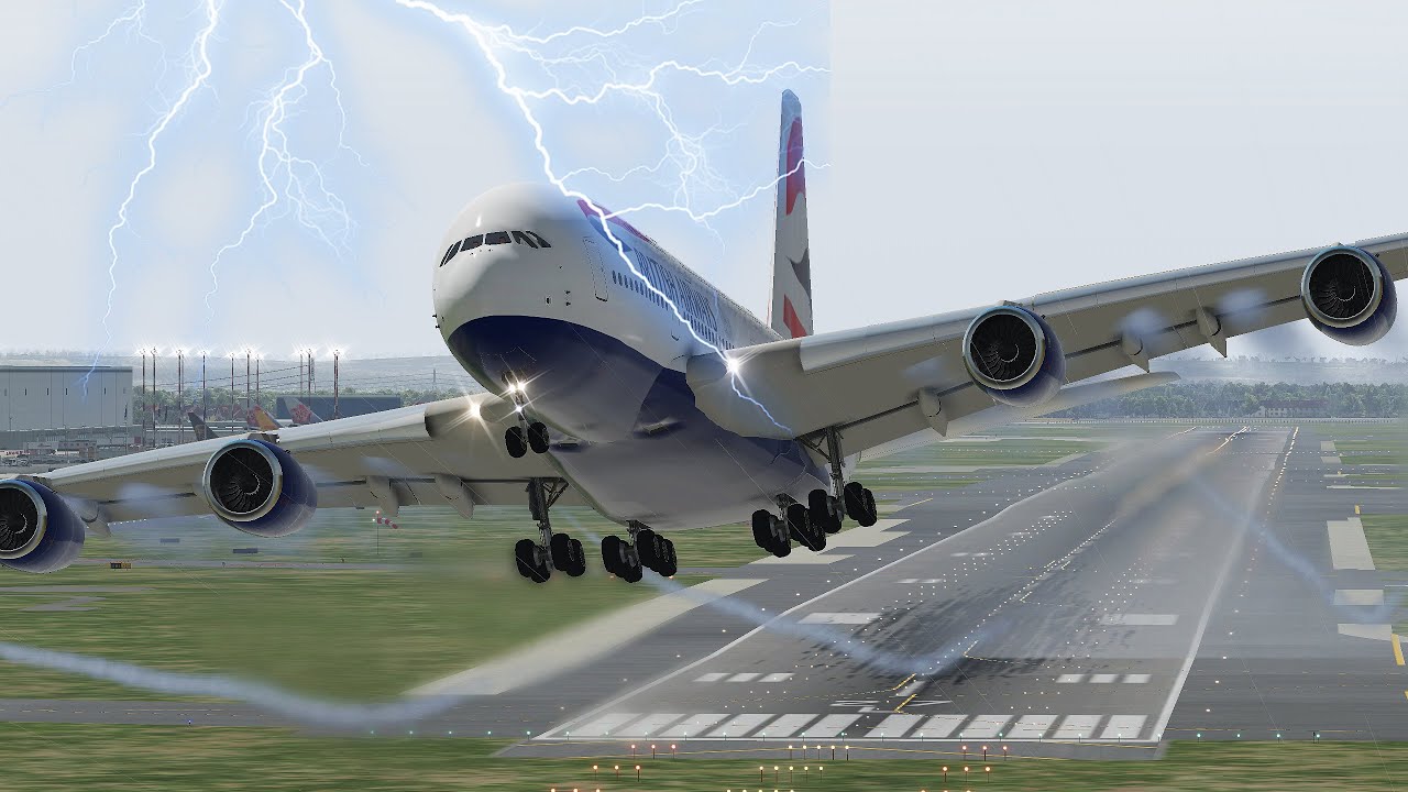 Взлет огромного самолета A380 во время сильного шторма [XP11]