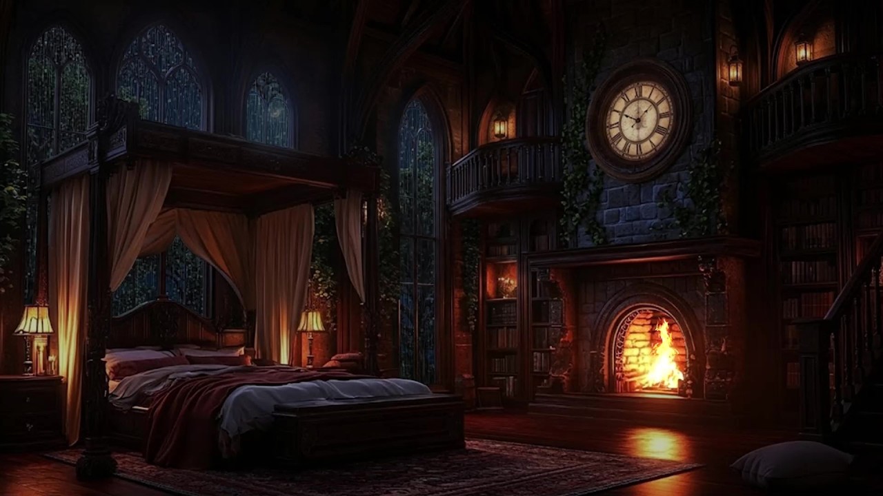 🌩️ Gentle Rain Outside a Grand Castle Tower Room at Midnight | Rain on Glass | Deep Sleep