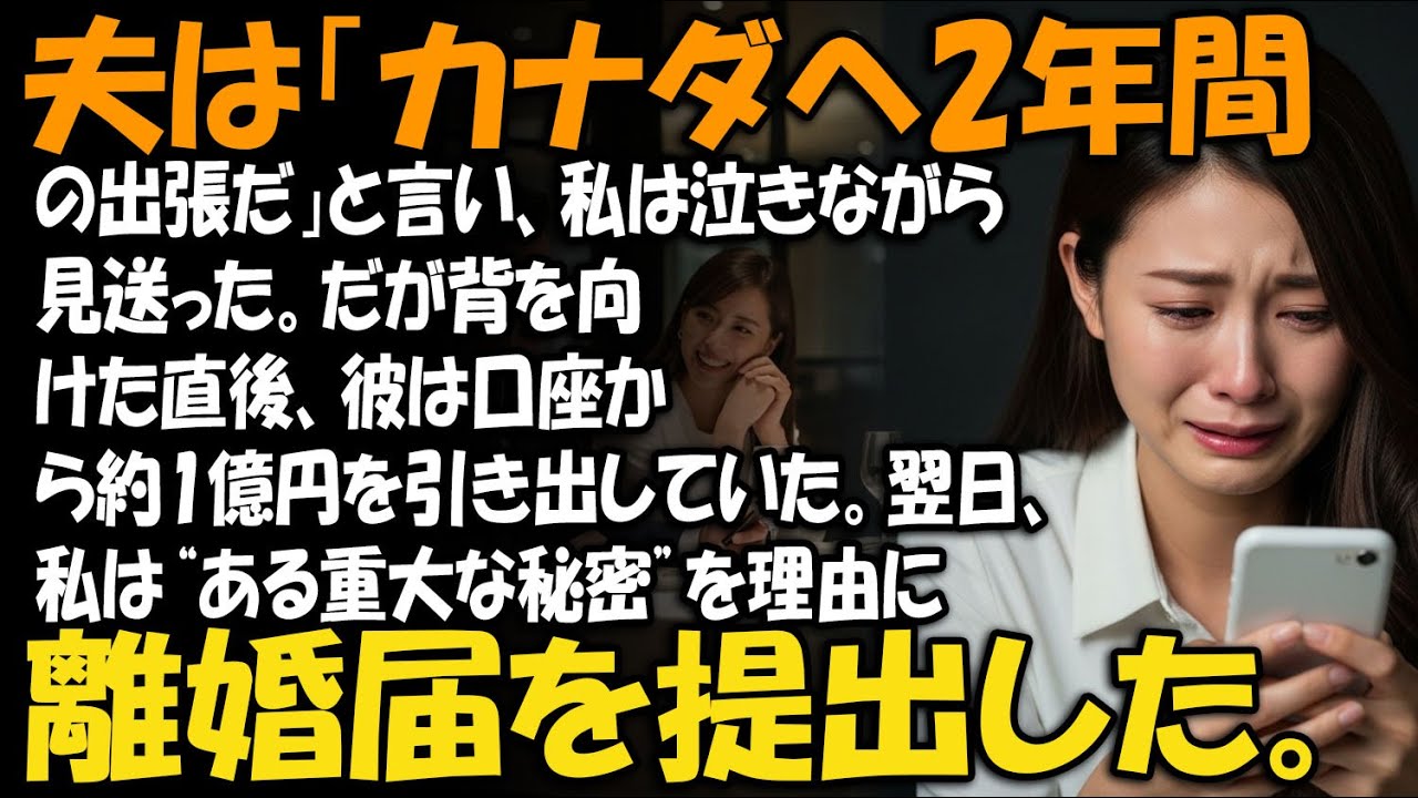 夫は「カナダへ2年間の出張だ」と言い、私は泣きながら見送った。だが背を向けた直後、彼は口座から約1億円を引き出していた。翌日、私は“ある重大な秘密”を理由に離婚届を提出した。【家族ドラマ】【静かな復讐