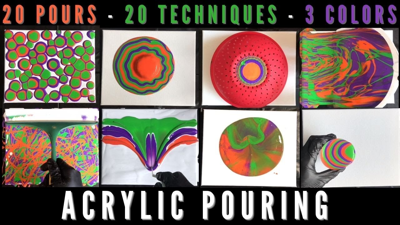 Acrylic Pouring With 3 Colors | 20 Pours - 20 Techniques - No Silicone! | Paint Pouring Compilation