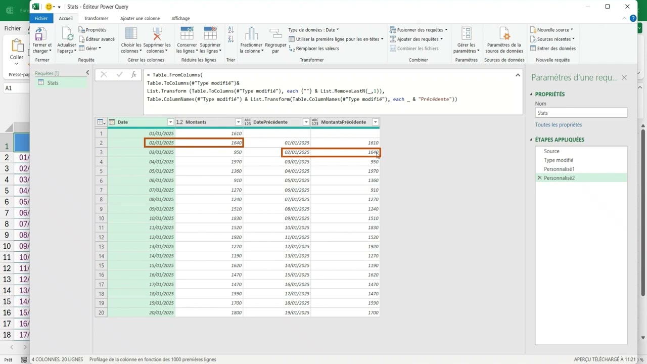 Excel -PowerQuery- Obtenir pour chaque ligne d'une table, les données d'une ligne qui l'a précède...