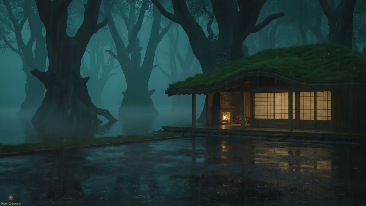 Heavy Rain Sound At Tranquil Japanese Forest House With Misty Lake And Warm Night Glow