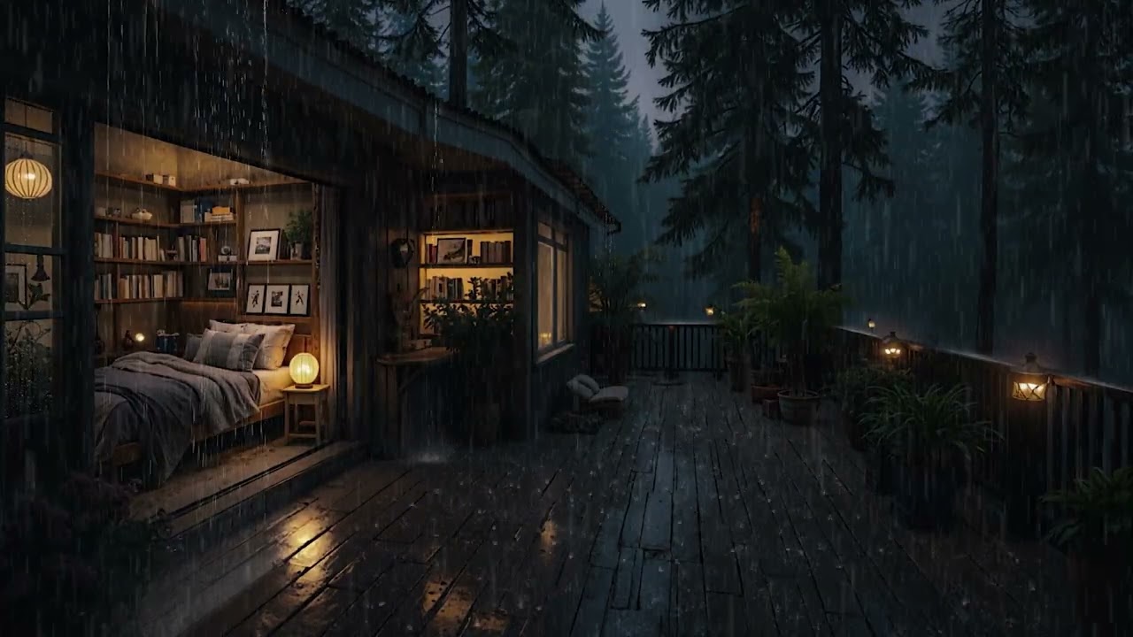 Dark Forest Cabin with Soft Rain 🌧️ | Indoor Night Ambience for Sleep & Relaxation | 4K- no ads