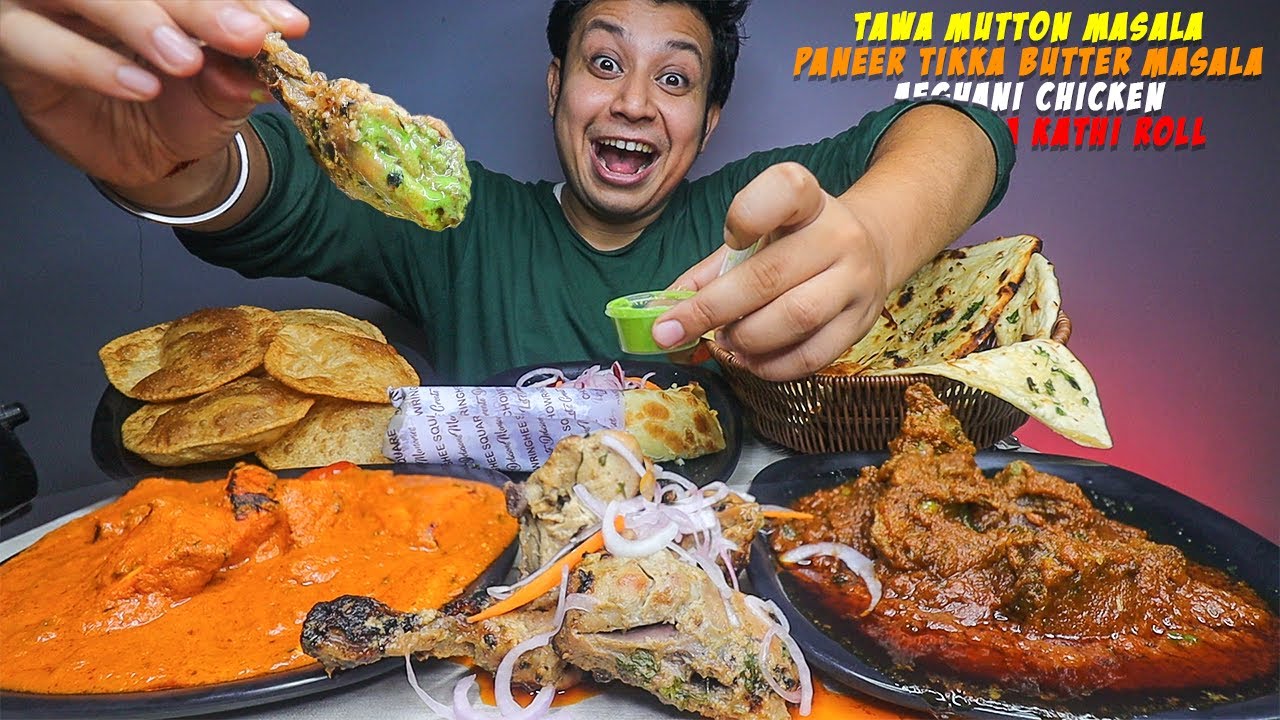 Eating Mutton Tawa Masala, Paneer Tikka Butter Masala, Afghani Chicken, Chicken Shawarma with Puri's