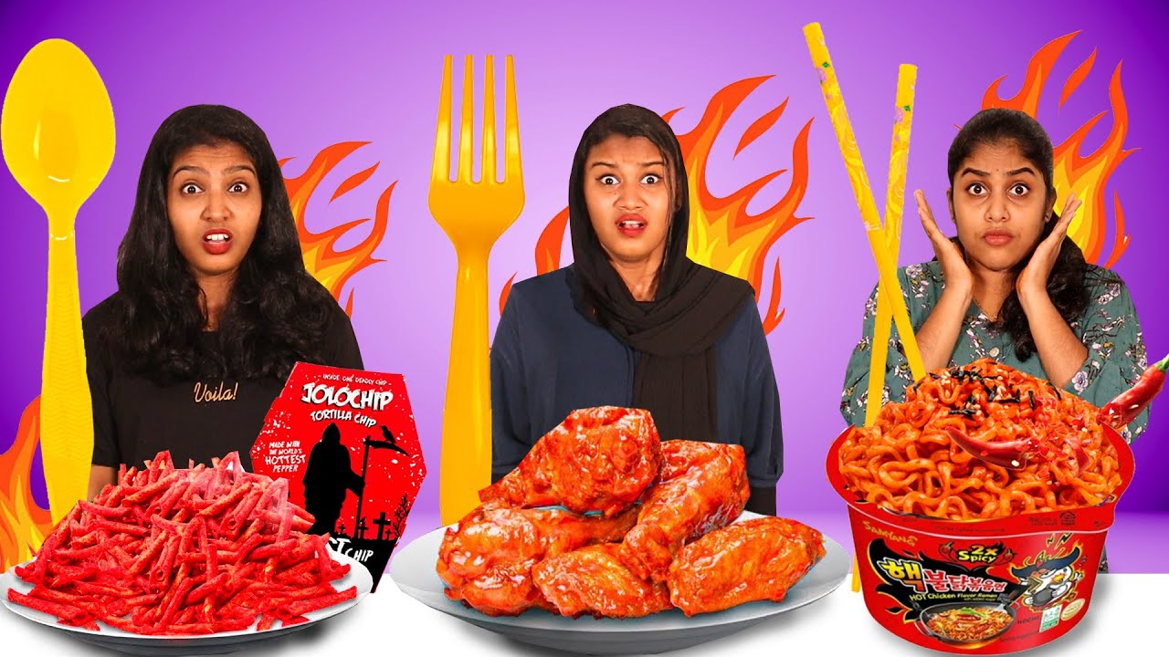 EATING SPICY FOOD WITH SPOON Vs FORK Vs CHOPSTICK CHALLENGE 🤩 | PULLOTHI