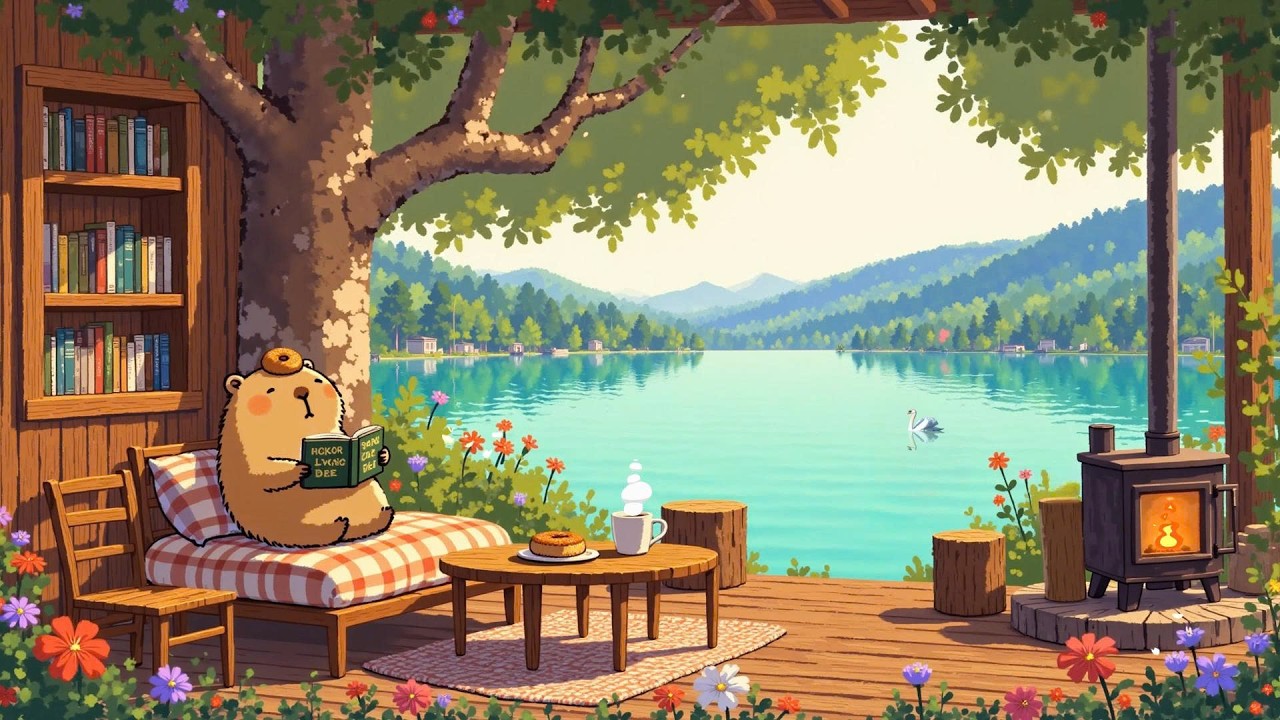 Chill Lofi Mood at the Lakeside ☕ Cozy Porch Café Ambience 🌿 Lofi Deep Focus to study/work/relax