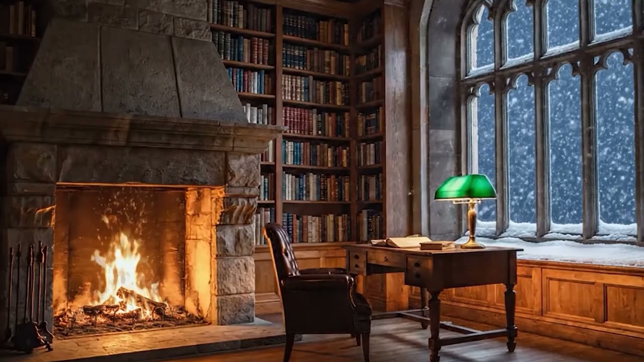 📚 Library Fireplace & Snow | Cozy Reading Ambience | 12 Hours for Study & Sleep
