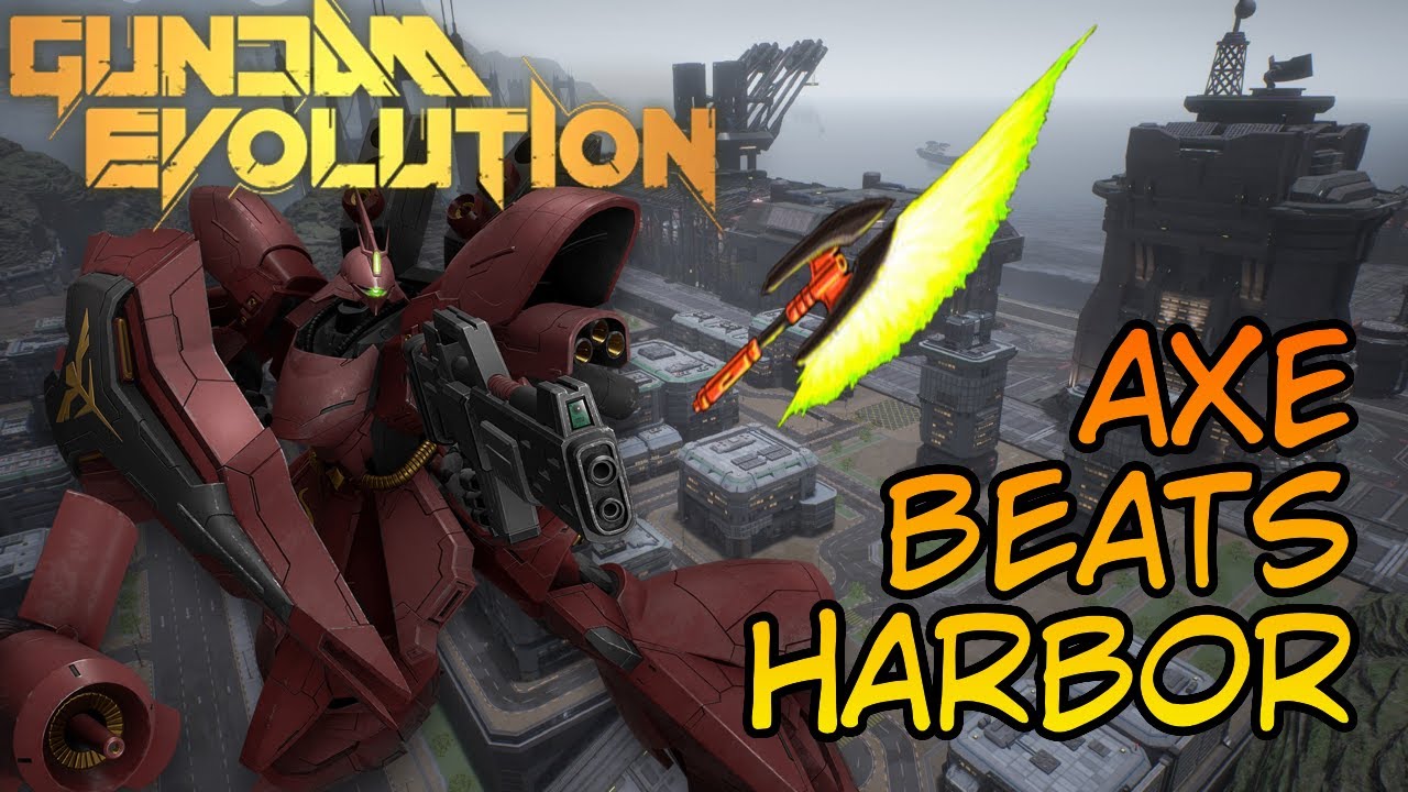 Gundam Evo.  Sazabi axe beats harbor on attack.