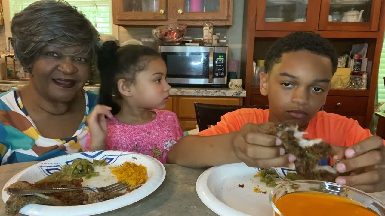 Today we’re eating sweet potato, fluff, fried pork chops, and string beans