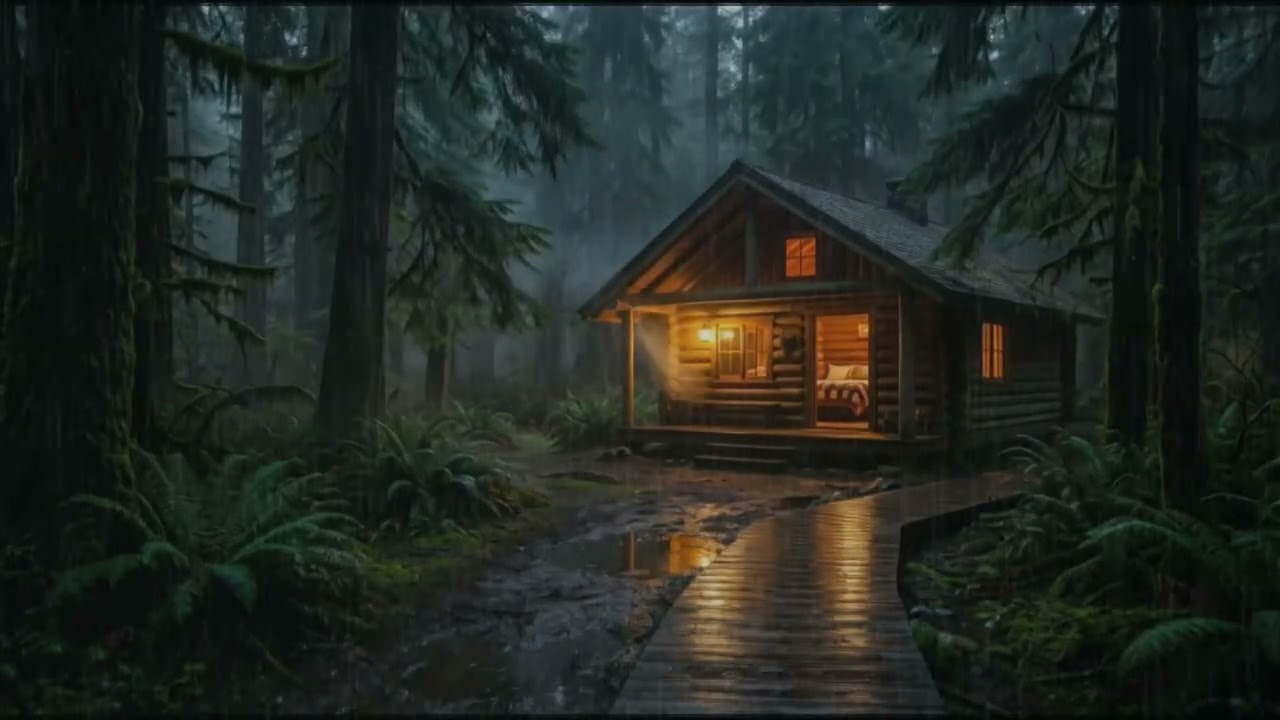 Cozy Forest Cabin in Heavy Rain 🌧️ Rain Sounds for Sleeping, Relaxing and Stress Relief