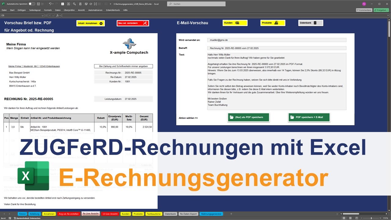 Automatisiert E-Rechnungen (ZUGFeRD & XRechnungen) mit Excel erstellen